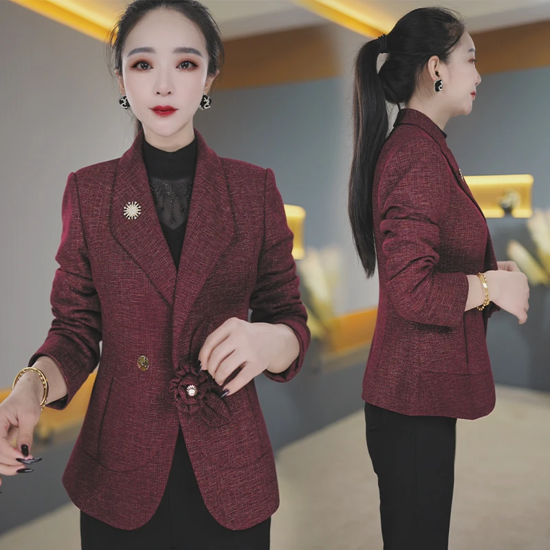 【高货定制】C708红色妈妈春秋外套女士休闲西服中老年秋装新款