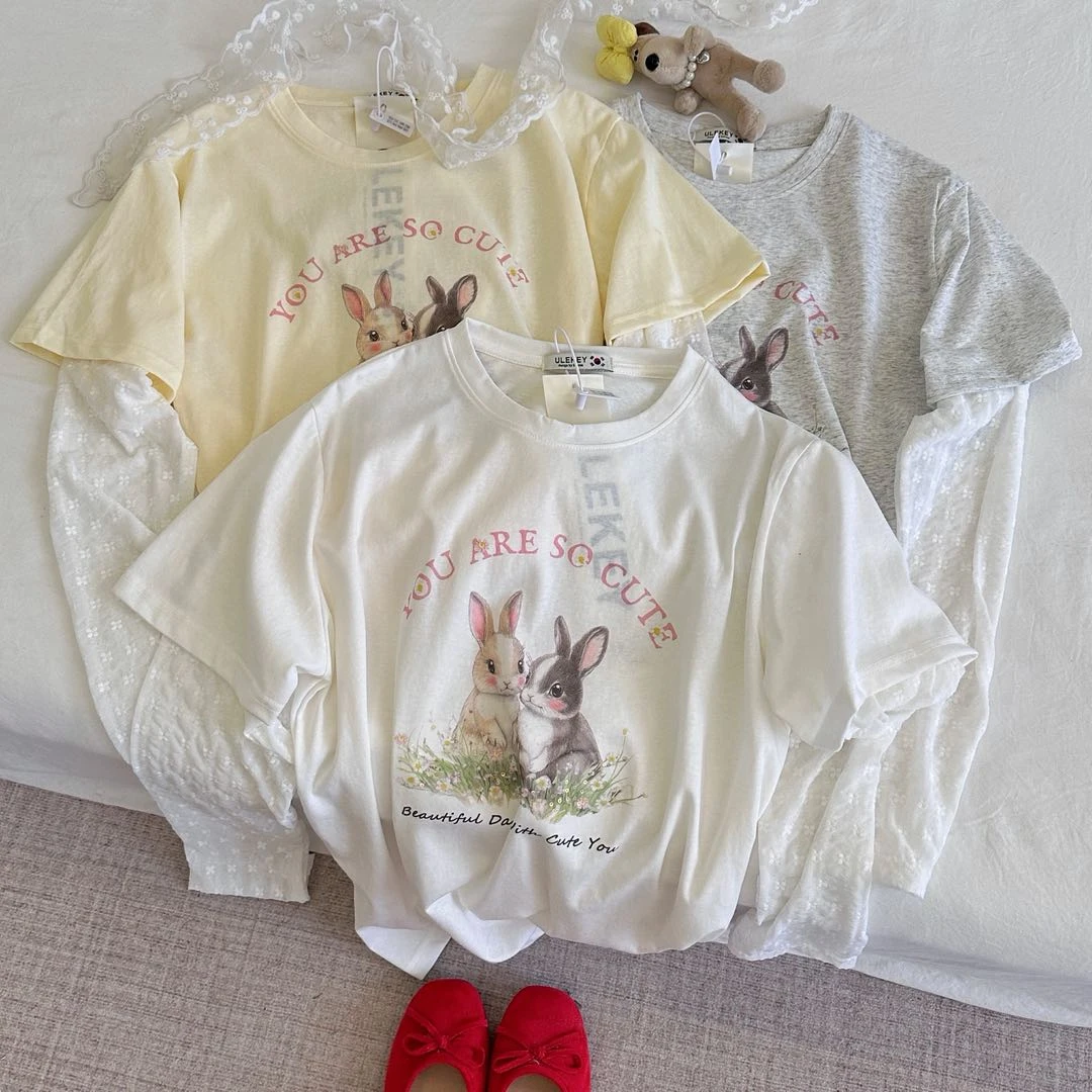 158的小肥 | “两只小兔 ”～new宽松韩系印花亮片网纱袖防晒t短袖