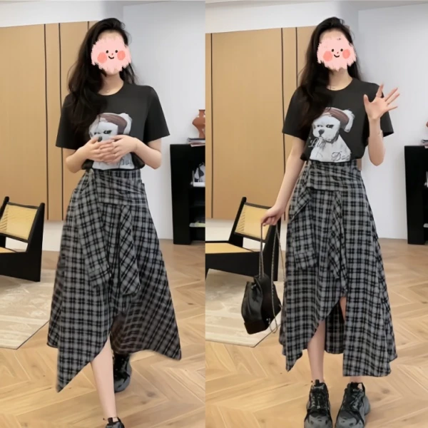 洋气衣服女夏季新款小狗图案短袖T恤上衣不规则格子半裙套装