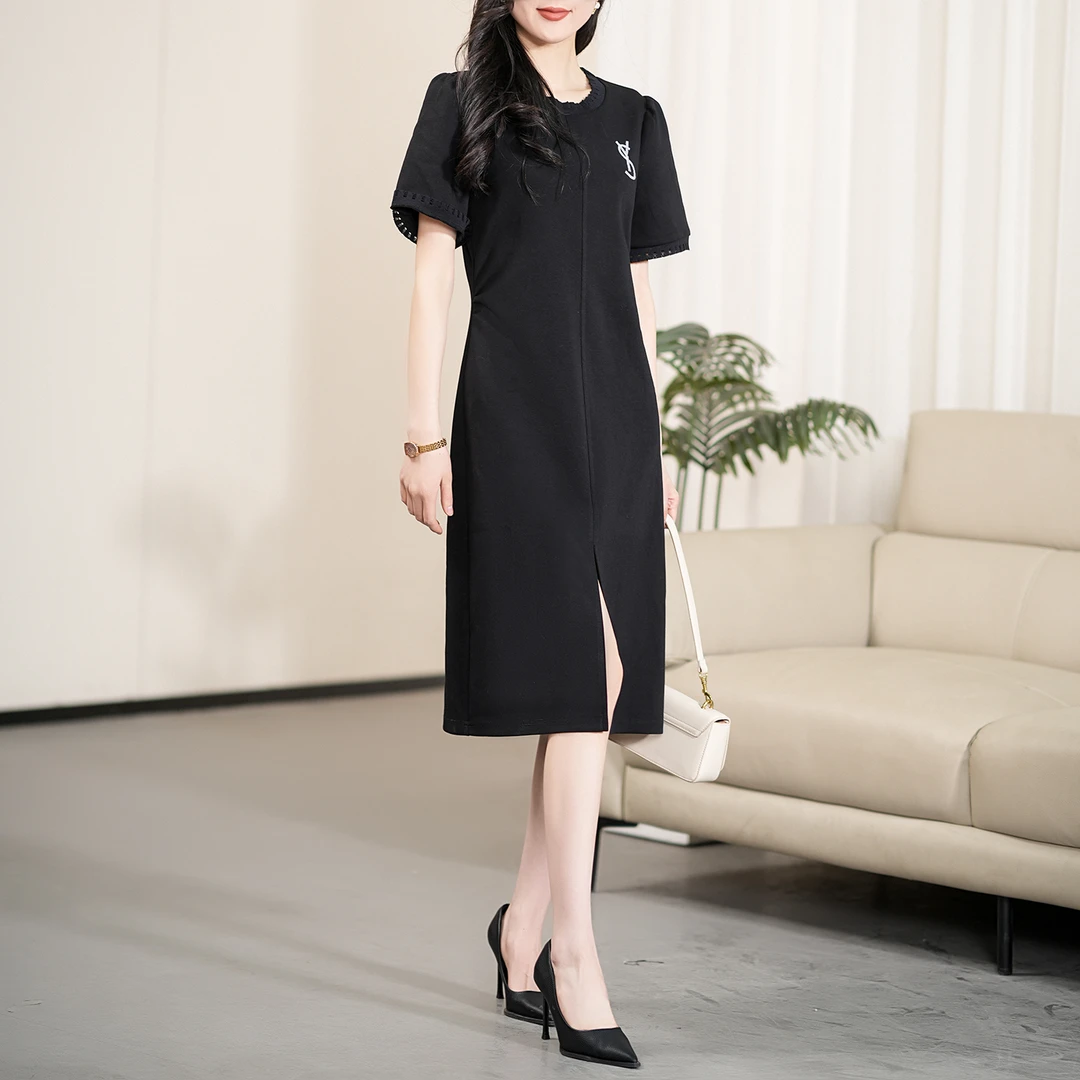 【夏季新款】时尚气质显瘦圆领蕾丝拼接开叉连衣裙CS5908  裙长105