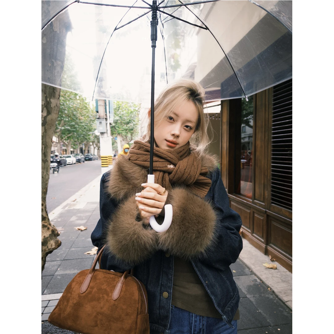 巴恩冬令 毛领拼接蓝色牛仔外套女秋季2025年新款加厚短款上衣