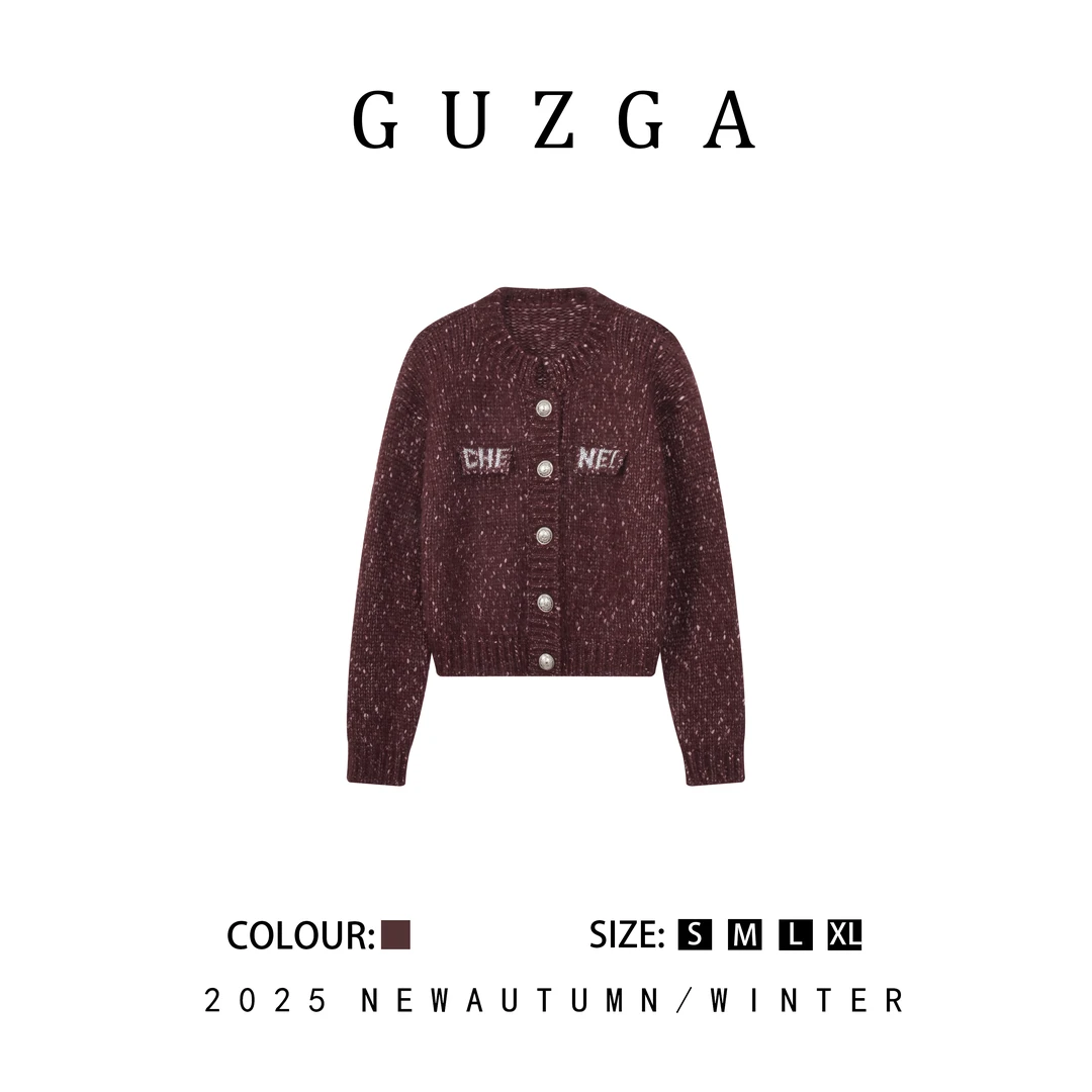 GUZGA【姑射仙人】2025秋季酒红色针织开衫女时尚百搭小香风