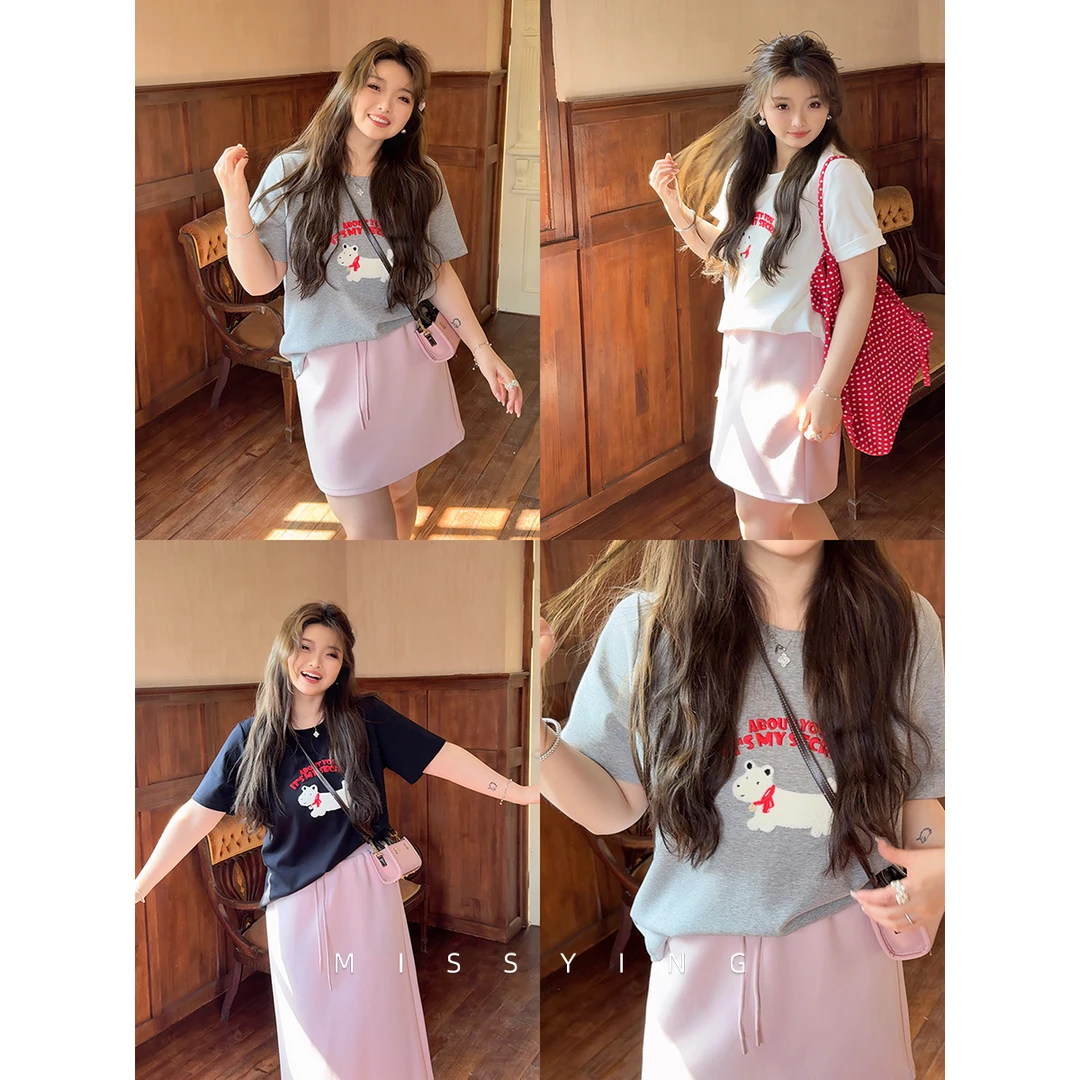 应小姐【慵懒T】微胖大码韩系时尚宽松休闲简约图案圆领打底短袖T恤