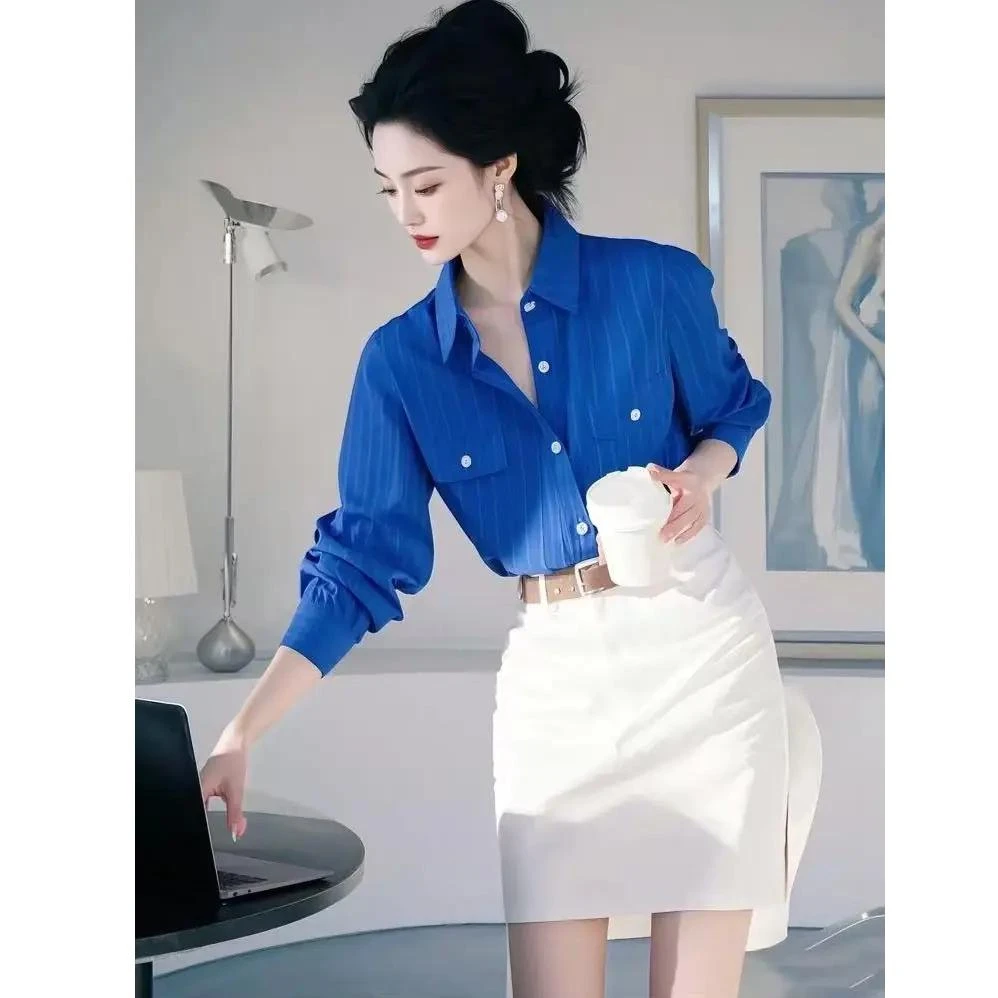 克莱因蓝polo领长袖衬衫女设计感小众独特别致超好看绝美上衣套装