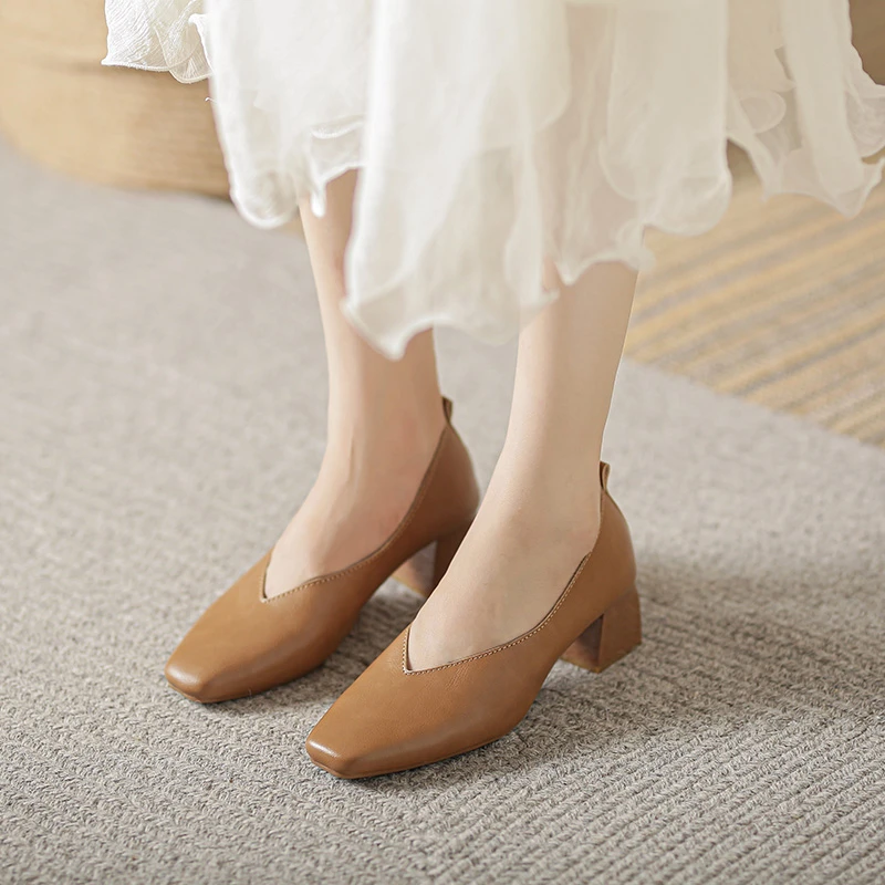 【柔软贴脚】新款软面真皮法式复古浅口百搭舒适职业中跟简约休闲鞋