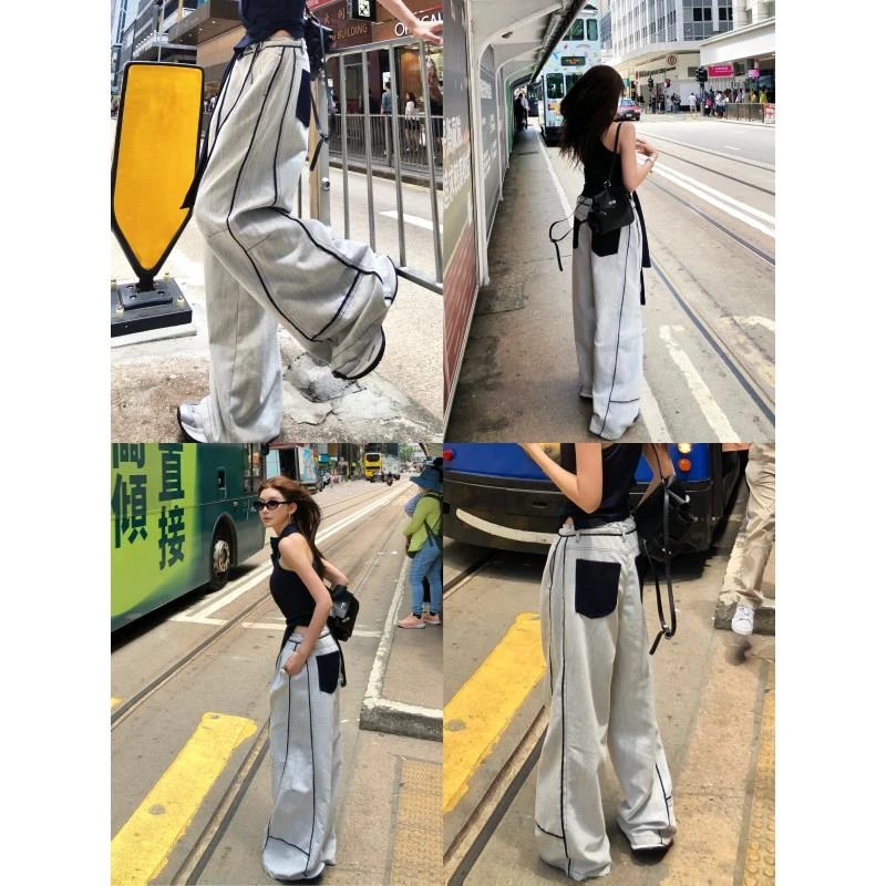 婉君Y【韩素希同款】时尚阔腿拼接显瘦拼色口袋牛仔裤 LWJ25B2K1457