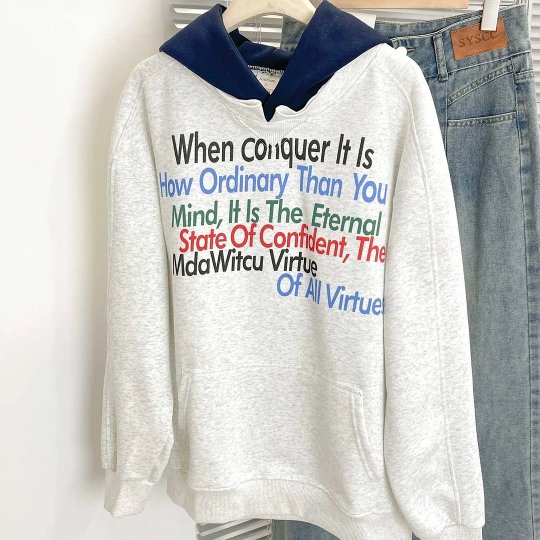 加大码300斤港式复古字母印花套头外套情侣早秋撞色拼接连帽卫衣