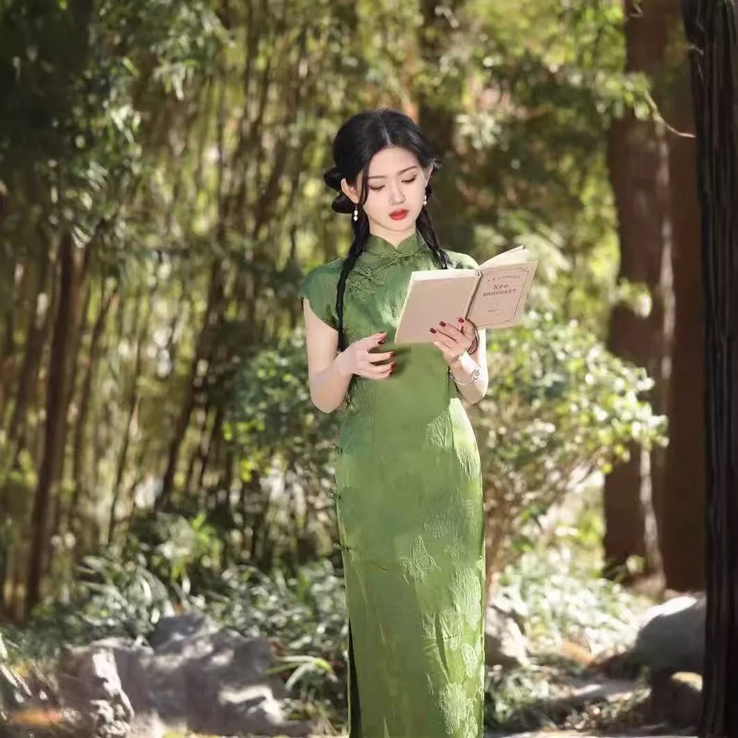民国复古秋香绿提花旗袍