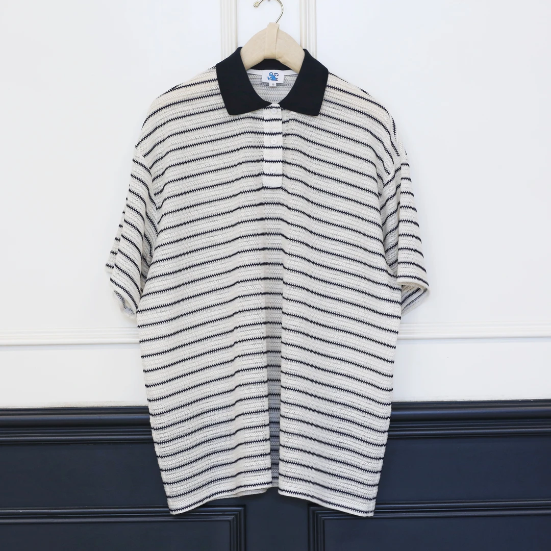 2507156【壁虎姐】GECKO夏季新款 藏蓝色条纹POLO宽松T恤