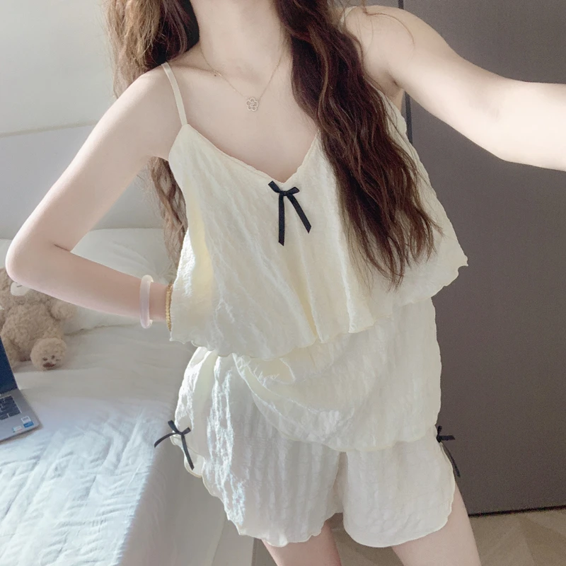 带胸垫蛋糕睡衣女款夏季云朵棉吊带短裤套装少女甜美可外穿家居服