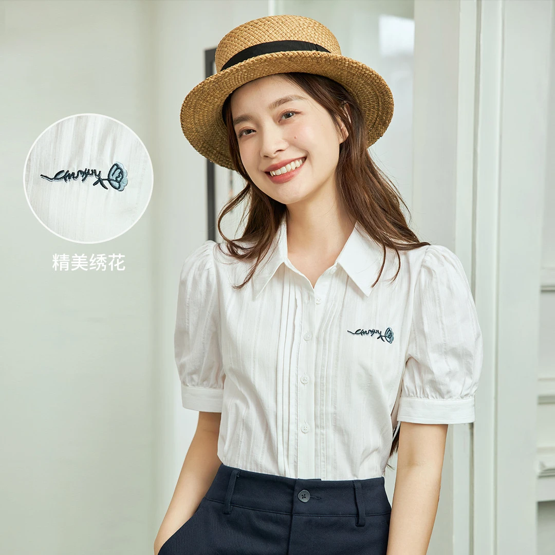【双12提前购】夏季设计感纯棉绣花短袖衬衫文艺通勤泡泡袖衬衣