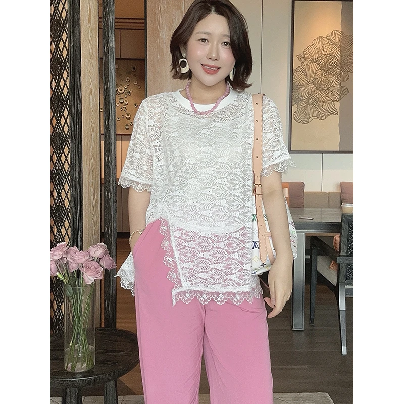 【DIS 现货】【月光甜纱】夏季宽松开叉圆领蕾丝T恤Z525Y09366