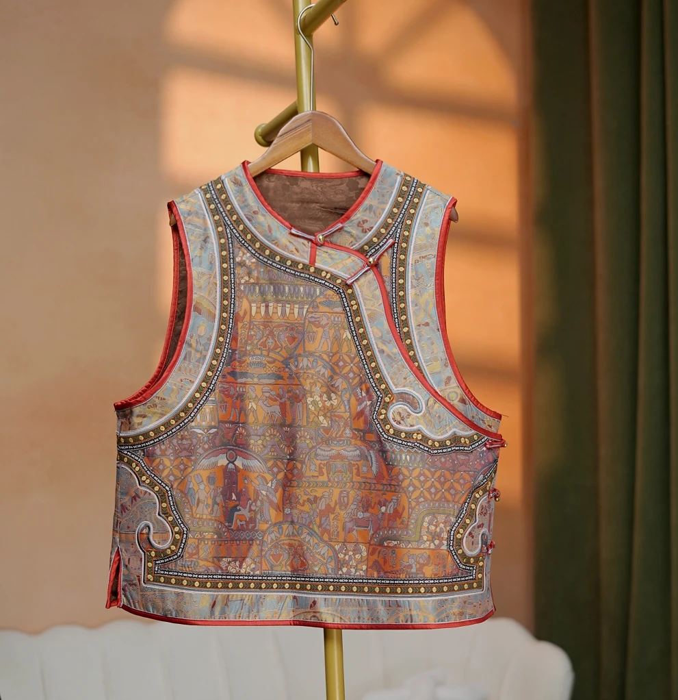 【罗马假日】新中式提花国风斜襟马甲复古唐装盘扣休闲百搭背心