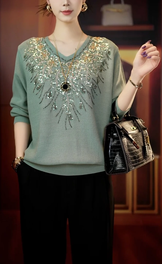 带钻花卉针织衫妈妈羊毛衫女套头宽松百搭时尚贵夫人冬装1819