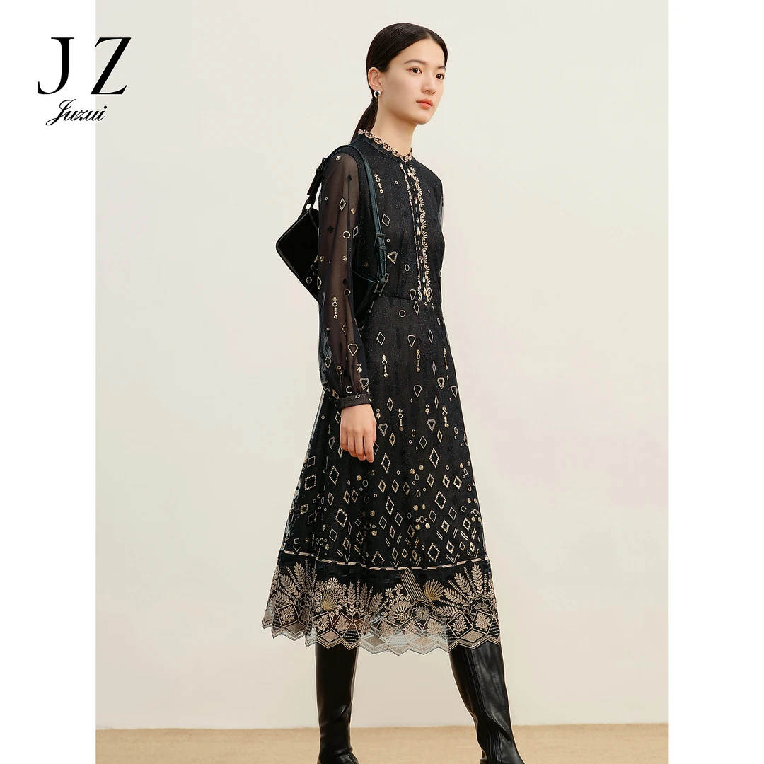【婷婷专属】商场同款JZ玖姿JWDQ50024网纱细闪钻石连衣裙女秋款