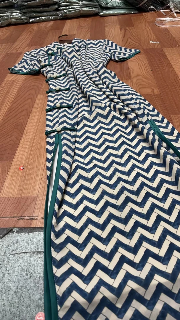 218-复古 蓝白 波浪 长款 改良 旗袍