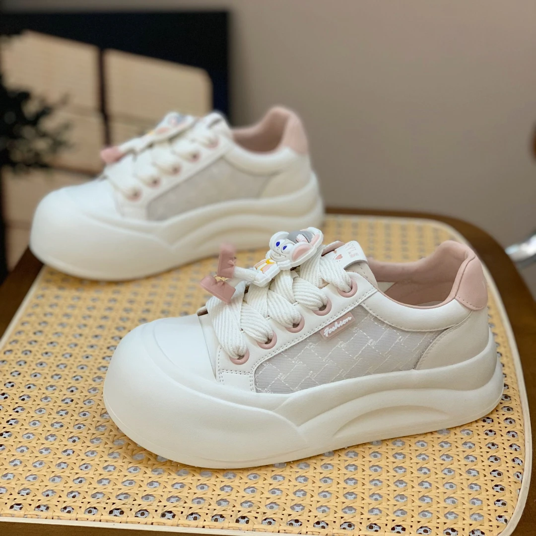 2025夏季新款镂空单网休闲板鞋女松糕厚底圆头系带透气学生运动鞋