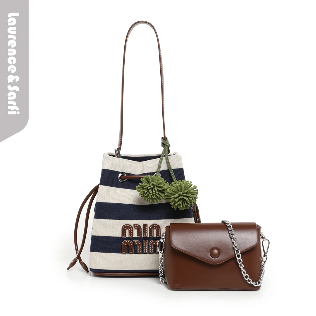 Laurence&Sarfi路易赛菲【蓝白叙章】休闲帆布条纹子母包单肩福袋包