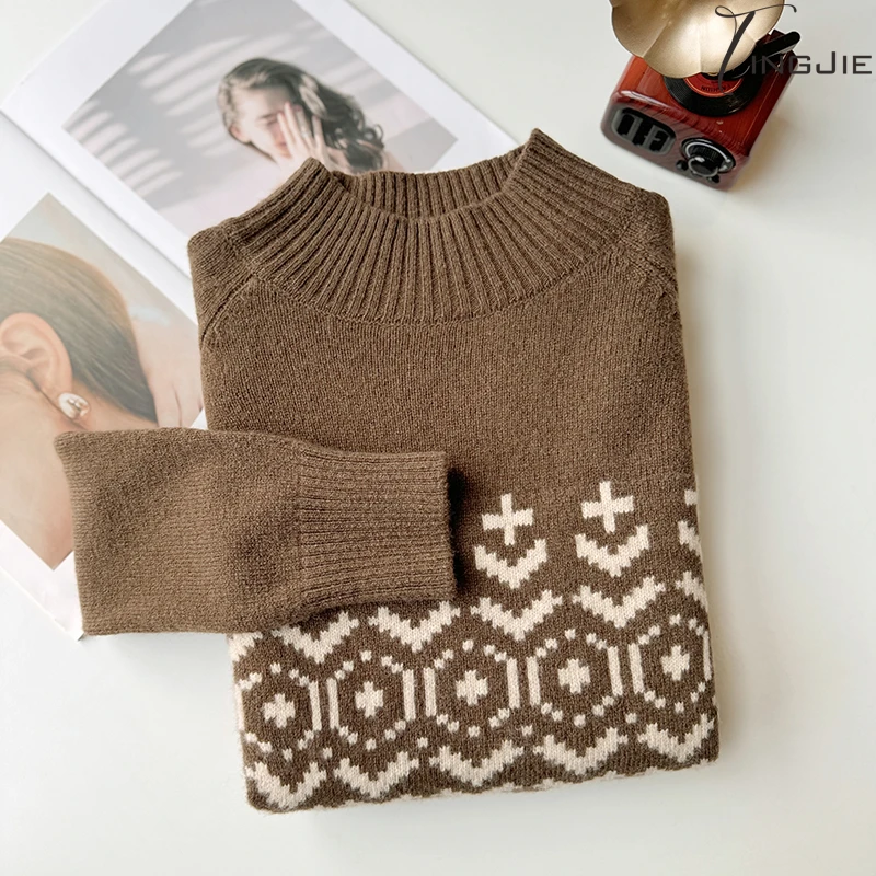 【云暖加厚】【100%羊毛】经典美拉德咖色复古提花加厚秋冬毛衣B2290