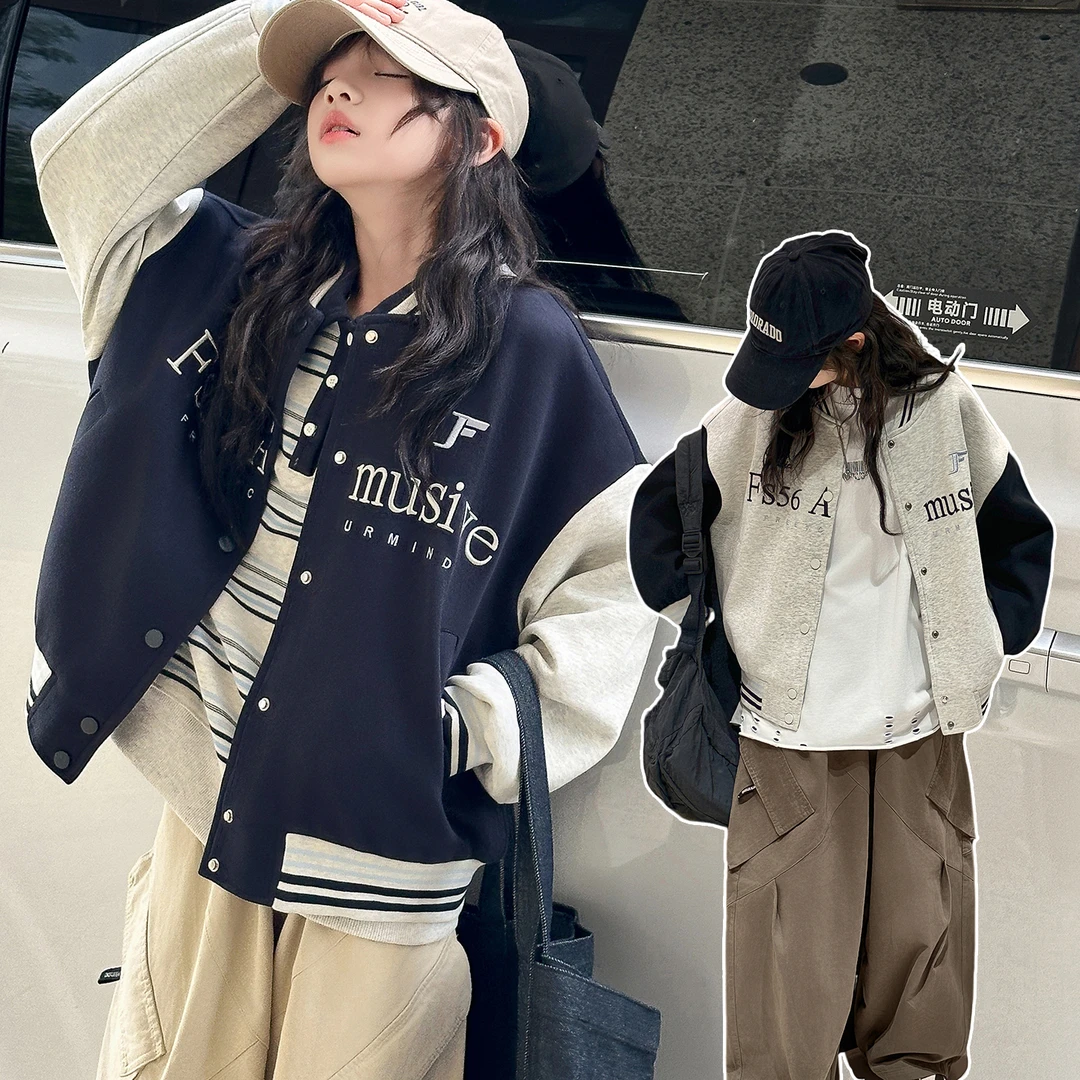 女童2025新款春秋季时尚休闲刺绣英文字母棒球服外套工装裤套装潮