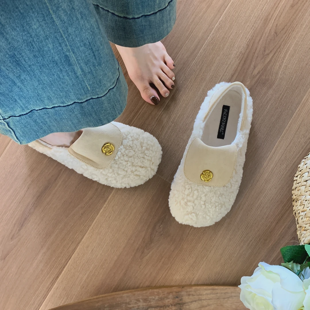 法式山茶花懒人一脚蹬毛毛鞋女秋冬季加绒乐福鞋软底豆豆鞋棉瓢鞋