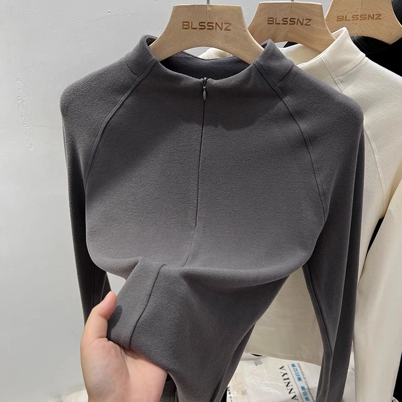 双面德绒立领半拉链长袖t恤女秋冬新款上衣半高领加绒打底衫内搭