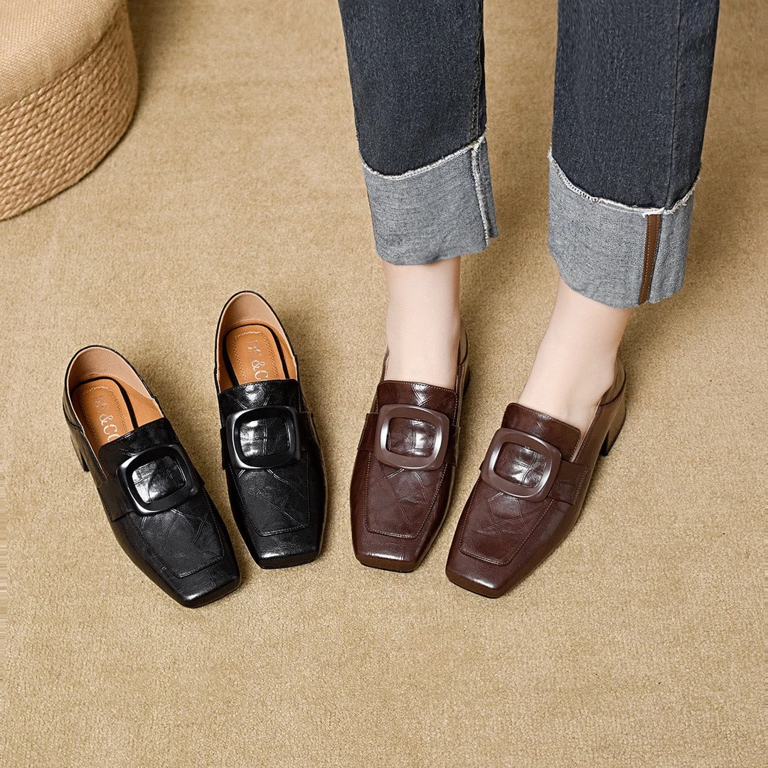 一脚蹬方头单鞋春秋百搭真皮女鞋软底中跟英伦风皮鞋粗跟女款鞋子