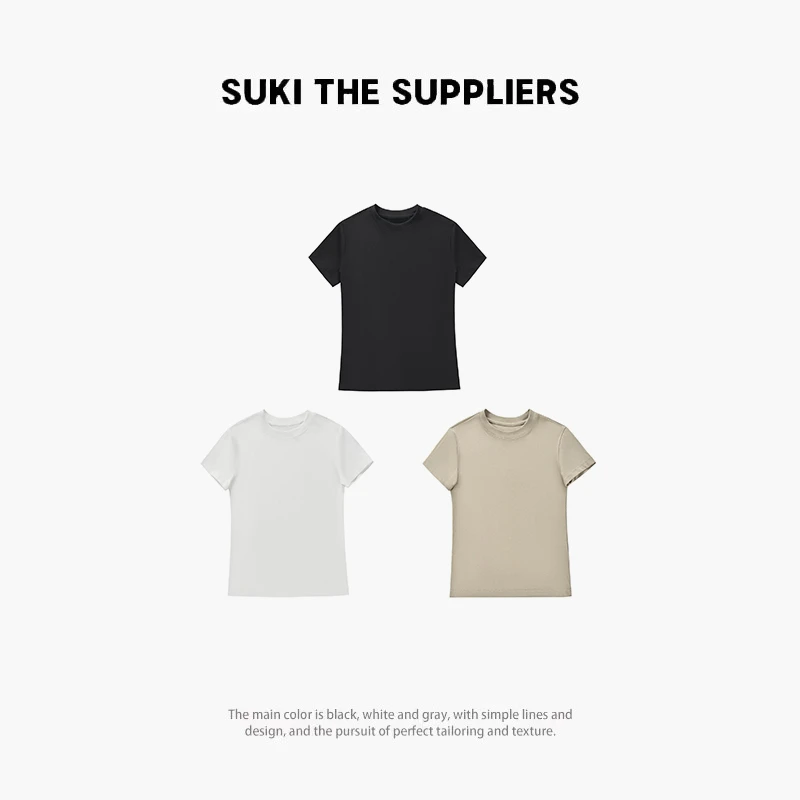 SUKI 显瘦修身圆领正肩运动短袖平纹棉T