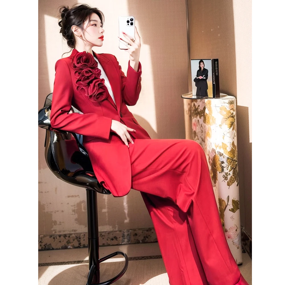 2025春秋独特别致洋气年会主持人红色立体花朵西装阔腿裤两件套装