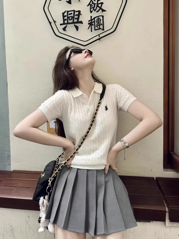 韩系学院风麻花减龄polo领针织衫女夏季套头时尚白色百搭短袖上衣