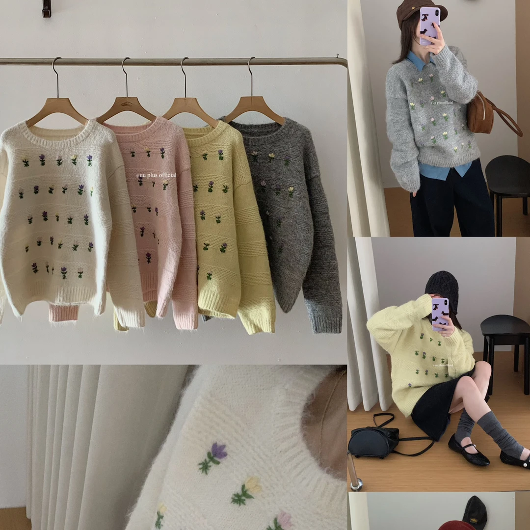圆领套头软糯碎花刺绣毛衣女秋冬季加厚宽松慵懒风针织衫上衣#277