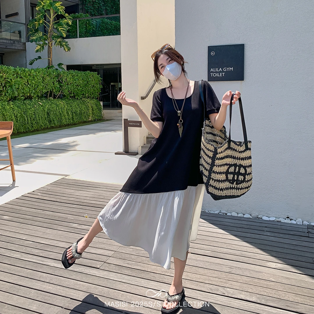 马西西大码女装慵懒风U领拼接短袖连衣裙夏季胖mm宽松中长款裙子