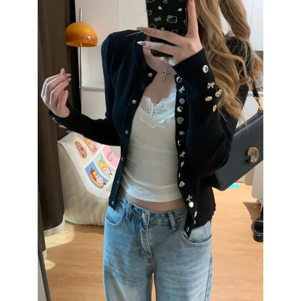 【319】千金感气质重工多纽扣修身针织衫高弹力百搭开衫