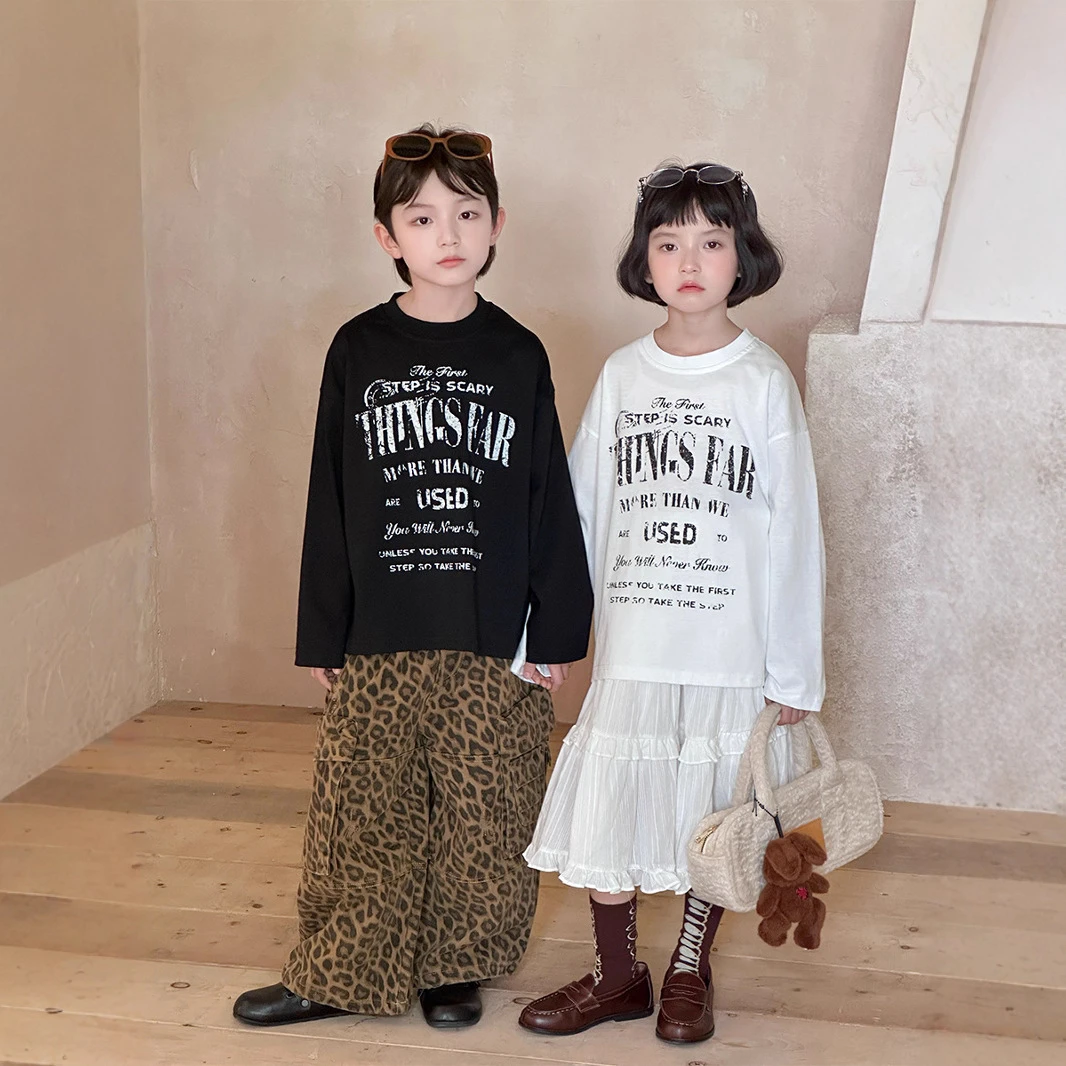 秋季长袖童装新款字母印花T恤长袖男女童百搭宽松打底衫上衣潮