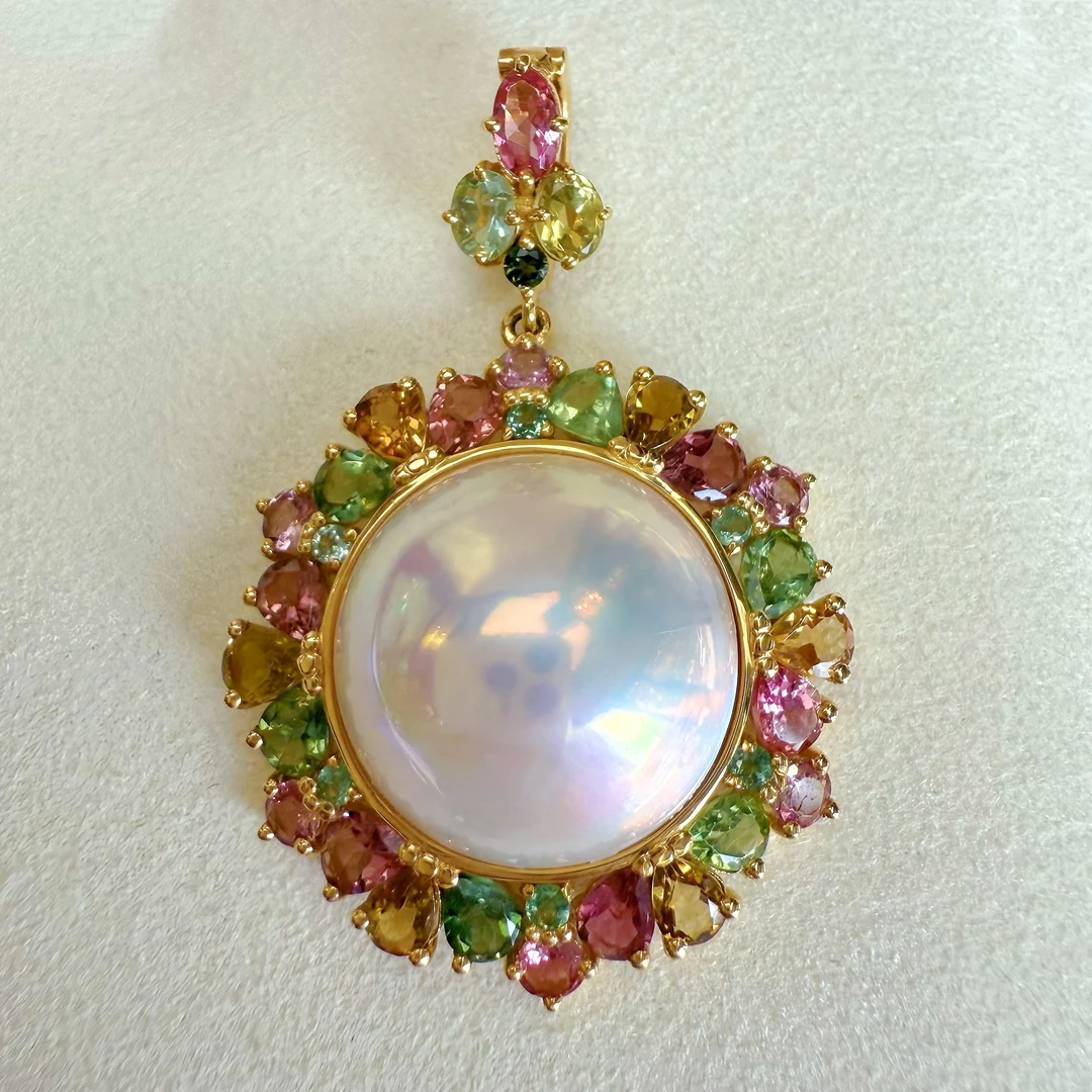 朕的珠 炫彩展会成品彩色设计款 纯天然炫彩海水马贝吊坠18K