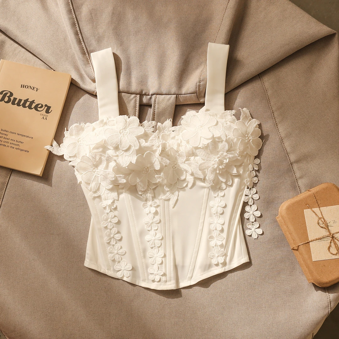 辣妹流苏花朵鱼骨吊带背心女新款高级感修身带胸垫美背内搭小上衣