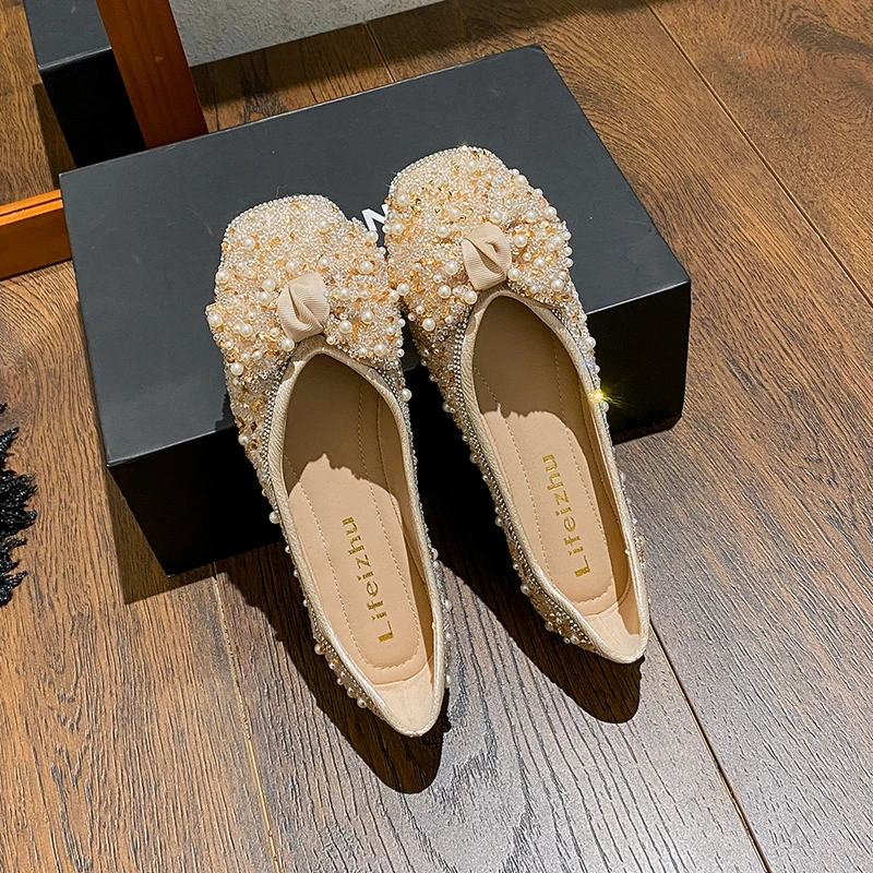 增高单鞋女2025新款时尚软底春季法式方头水钻瓢鞋软面浅口豆豆鞋