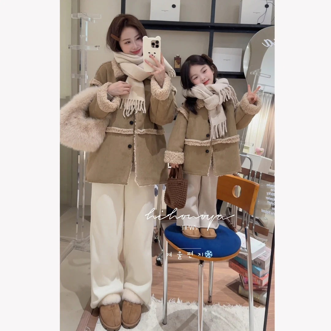 【松栗奶芙】九Hihoniya~2025秋冬亲子复古麂皮高级皮毛一体外套