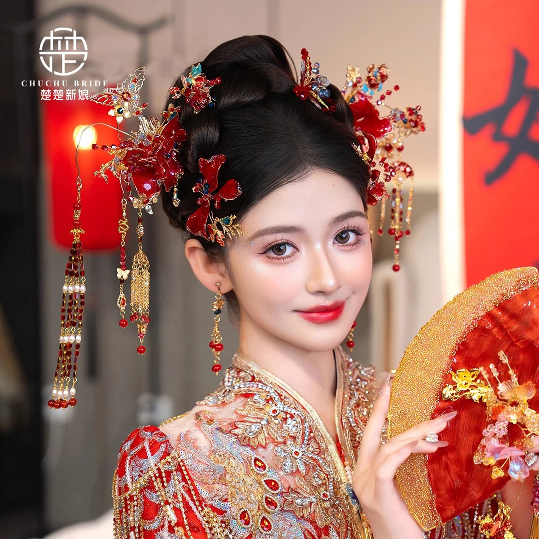 2025新款秀禾头饰简单大气结婚新娘头饰红色新中式龙凤褂发饰
