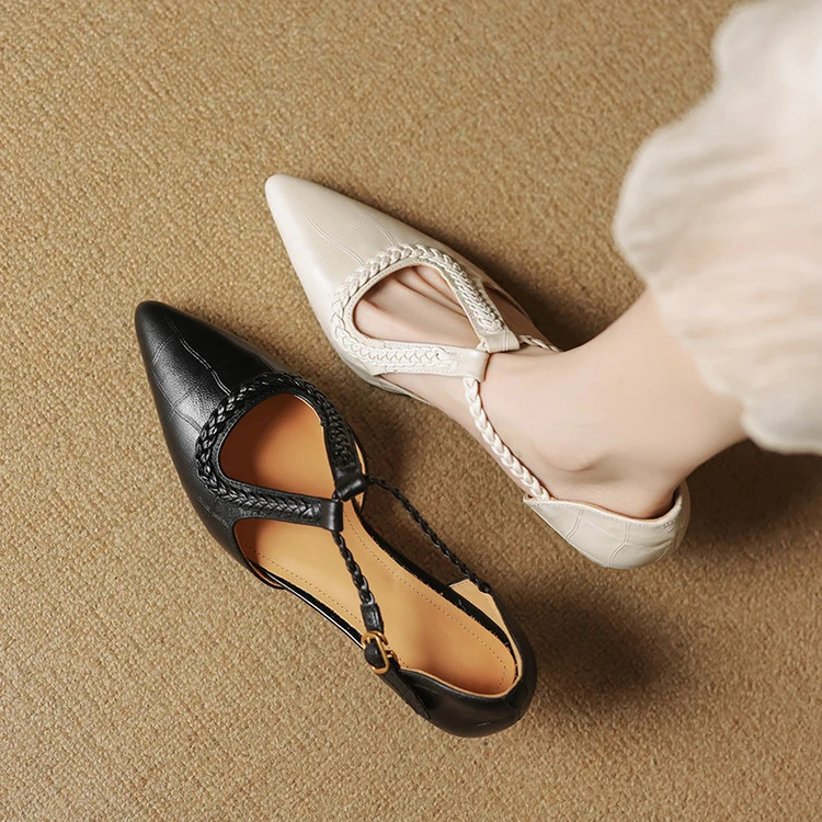 羊皮包头凉鞋女~5公分春夏米白色高跟鞋中空尖头软底单鞋细跟女鞋