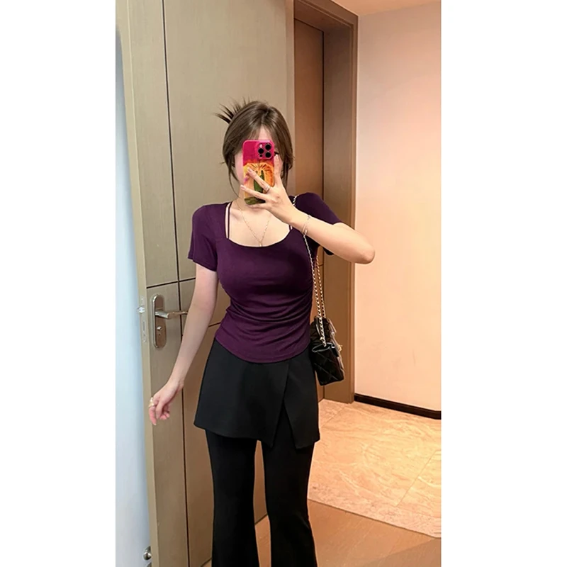 2680【浪漫奇遇】2025春夏新款短袖针织上衣U领修身短款T恤女