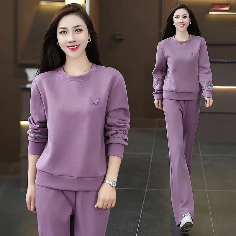 气质蕾丝镂空减龄春秋款圆领女装卫衣两件套舒适显瘦百搭潮款套装