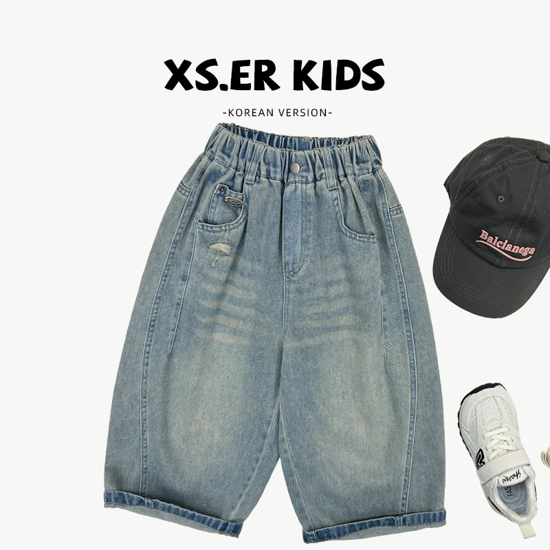 【小首尔】Q2现货-夏季儿童时尚简约潮流贴标宽松九分牛仔裤HBB7072