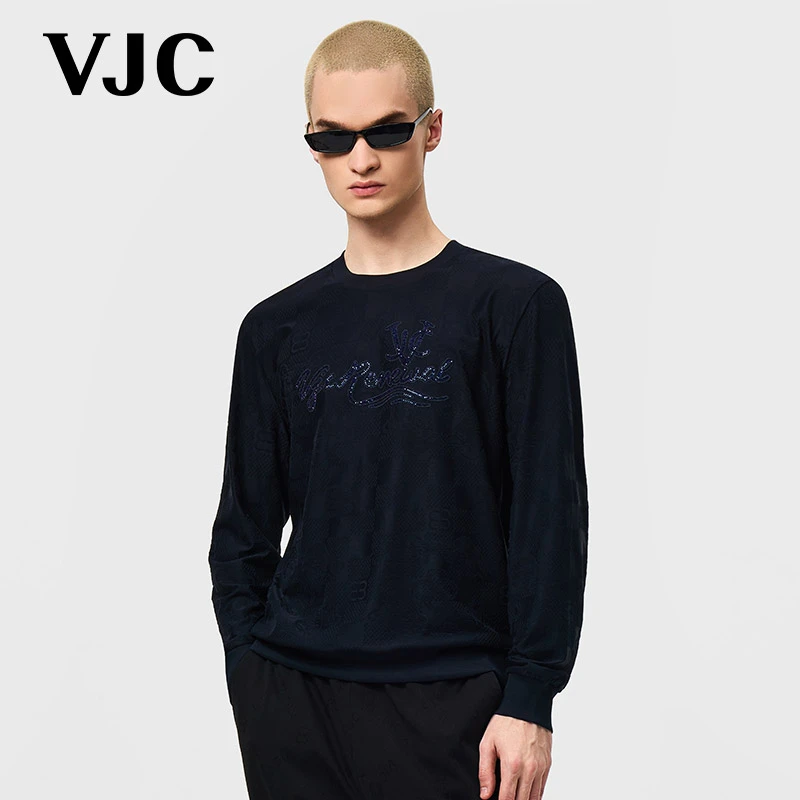 VJC/威杰思2025夏季新款男装时尚烫钻圆领针织休闲卫衣B25AE1255