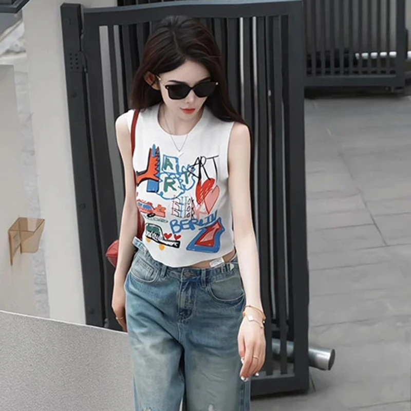 2025夏新款韩版修身趣味印花针织衫女坎肩叠穿小个子修身显瘦上衣