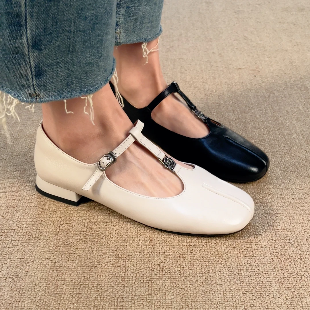 透气低跟粗跟法式浅口方头单鞋温柔圆头女鞋平底复古跟鞋百搭