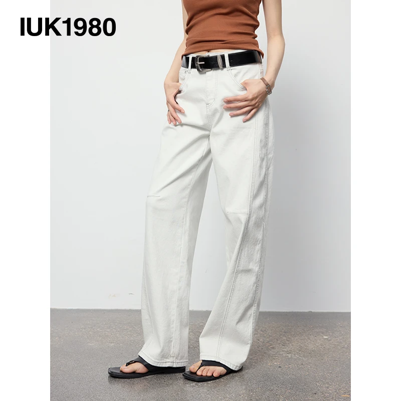 IUK/尤库夏季休闲简约象牙白直筒弯刀牛仔裤女百搭时尚复古水洗女