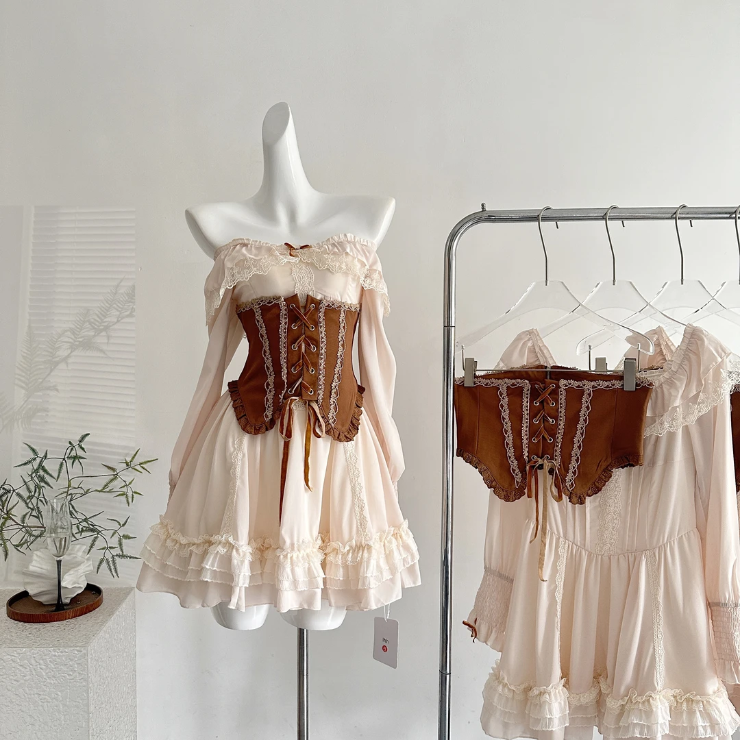 瑞茜·威瑟斯枫糖可可早秋甜美显瘦设计感夏季连衣裙蕾丝裙子腰封