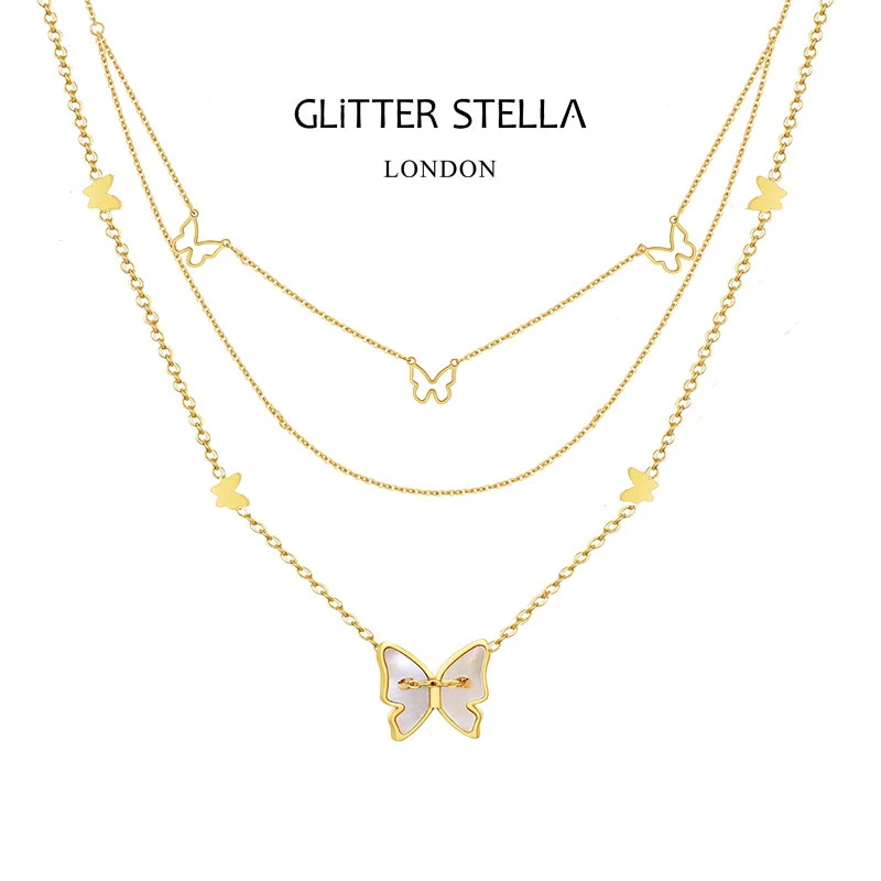 GLITTERSTELLA 铜合金吊坠 「倾心蝴蝶」两条项链组合叠戴套装