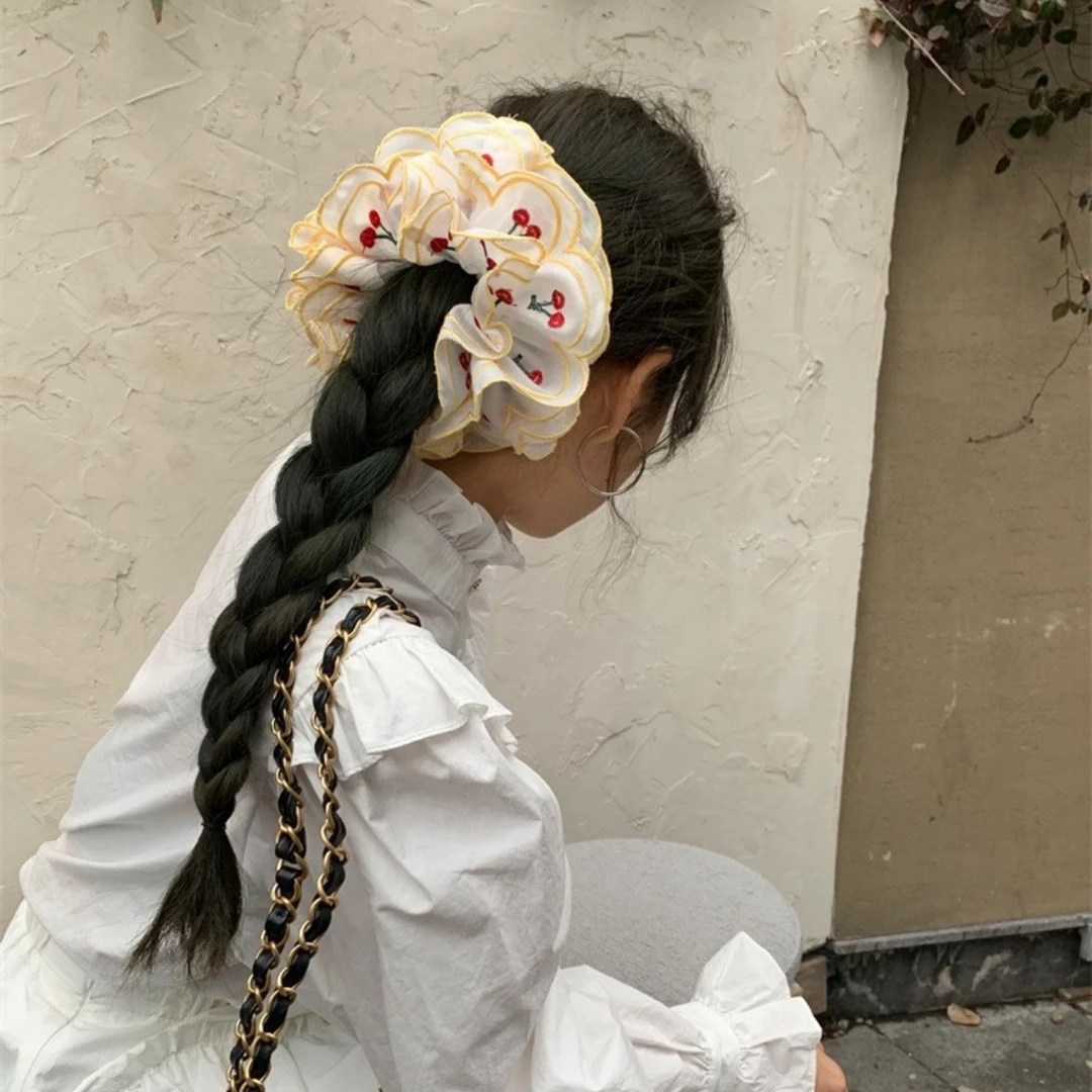 韩国甜美刺绣樱桃大肠发圈2025新款甜美少女褶皱花边布艺发绳女